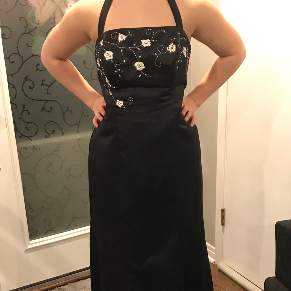 Black formal dress with white and silver beading
